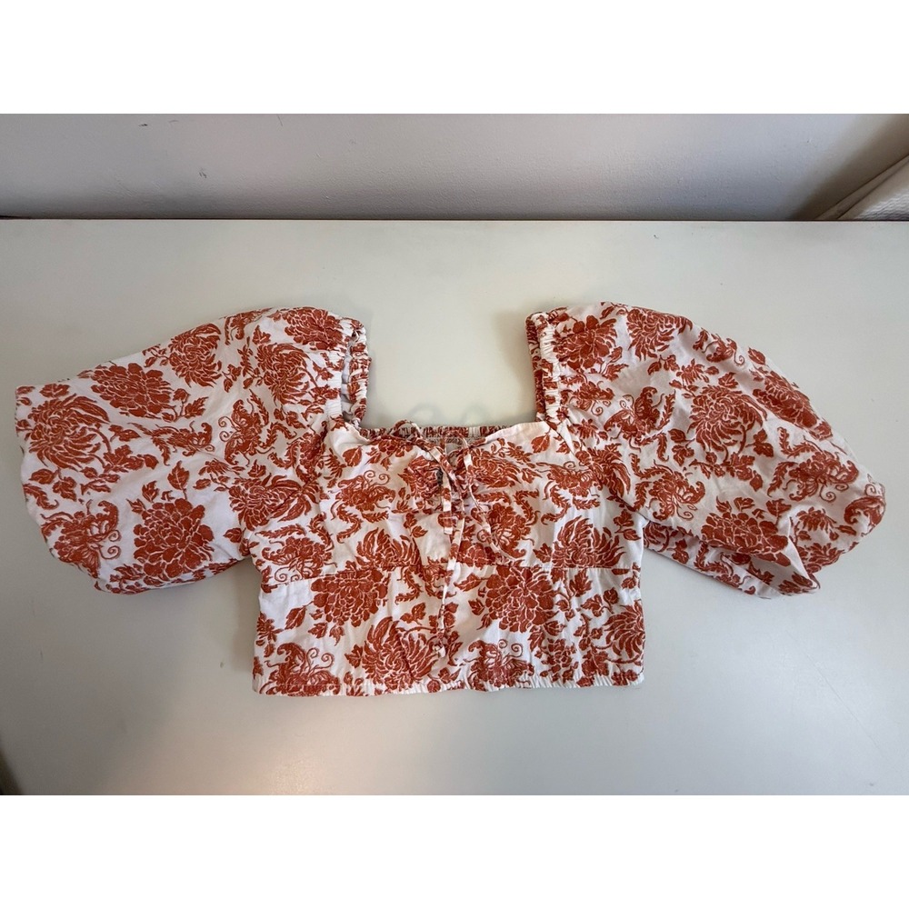 Japna Floral Smocked Puff Sleeve Crop Top Boho Cottagecore Romantic S